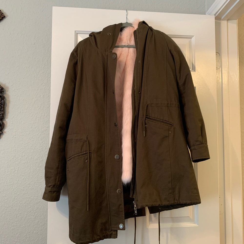 Faux London olive green parka with removable fur